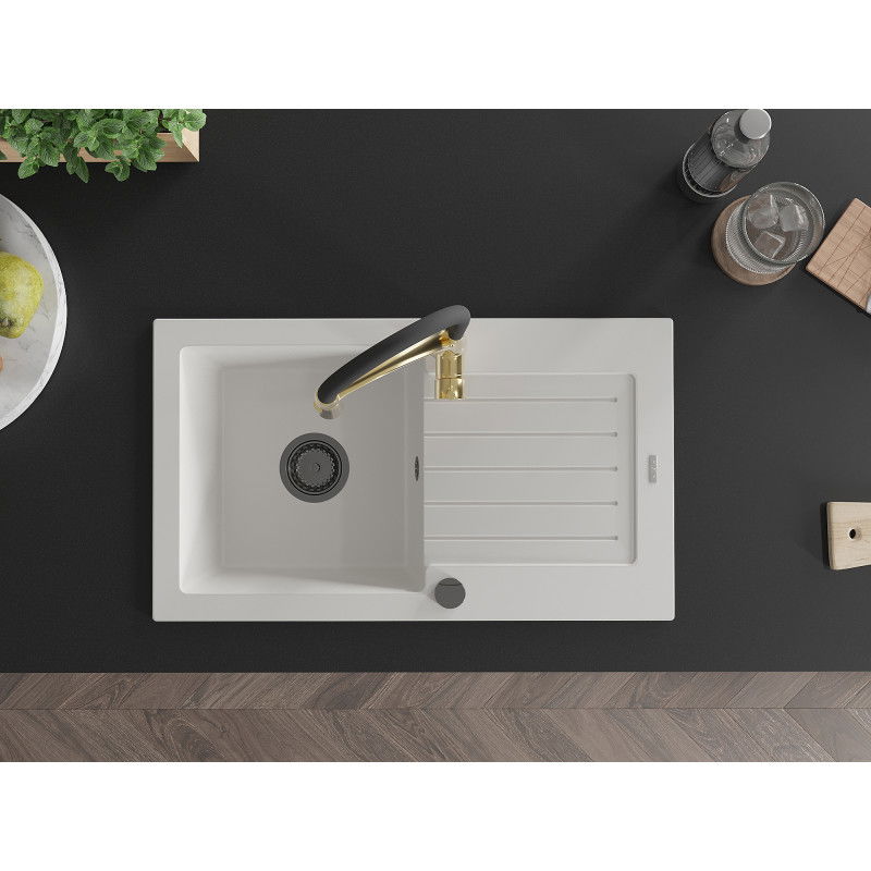 Mexen Pablo zlewozmywak granitowy 1-komorowy z ociekaczem i baterią kuchenną Aster, biały - 6510-20-73450-57-B