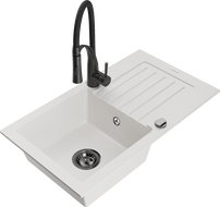 Mexen Pablo zlewozmywak granitowy 1-komorowy z ociekaczem i baterią kuchenną Aster, biały - 6510-20-73450-70-B