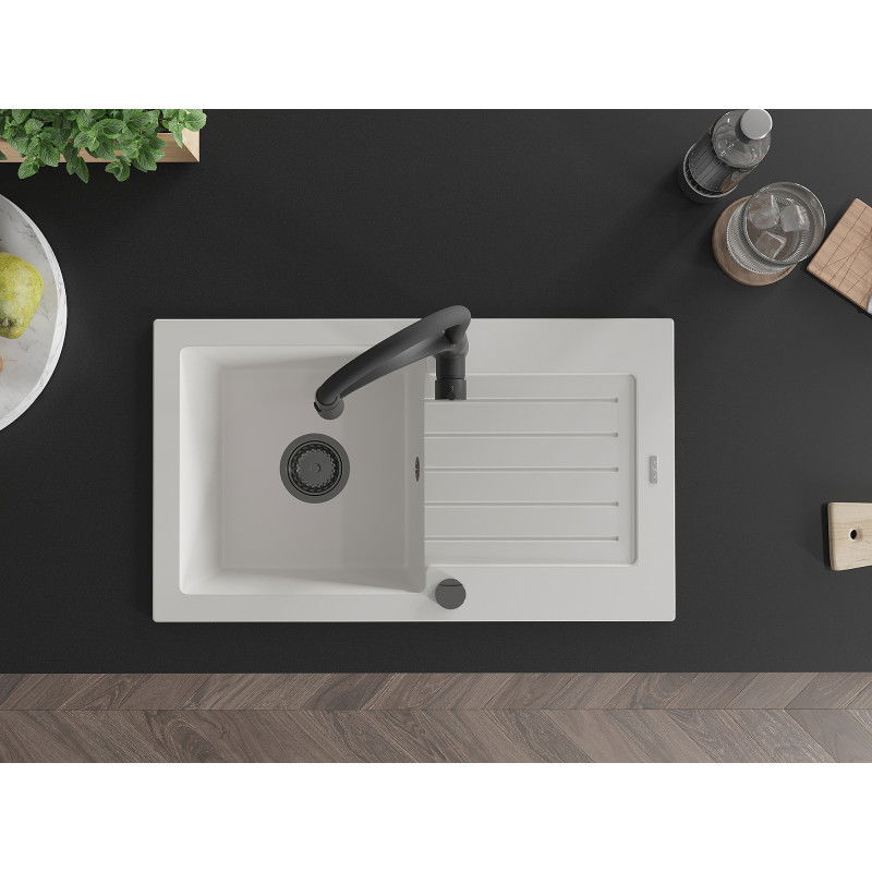 Mexen Pablo zlewozmywak granitowy 1-komorowy z ociekaczem i baterią kuchenną Aster, biały - 6510-20-73450-70-B