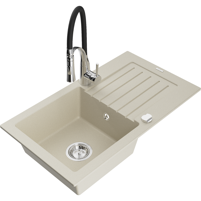 Mexen Pablo zlewozmywak granitowy 1-komorowy z ociekaczem i baterią kuchenną Aster, beżowy - 6510-69-73450-07