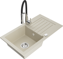 Mexen Pablo zlewozmywak granitowy 1-komorowy z ociekaczem i baterią kuchenną Aster, beżowy - 6510-69-73450-07