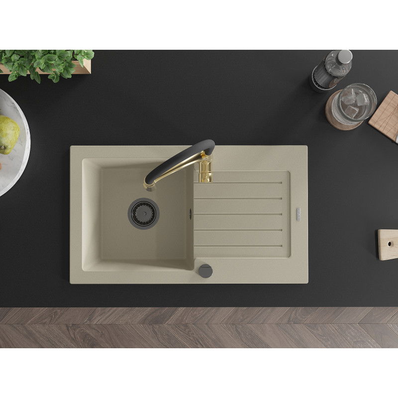 Mexen Pablo zlewozmywak granitowy 1-komorowy z ociekaczem i baterią kuchenną Aster, beżowy - 6510-69-73450-57-B