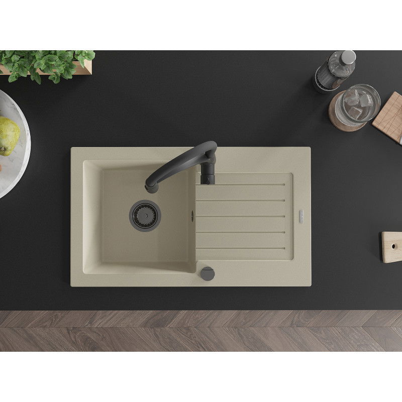 Mexen Pablo zlewozmywak granitowy 1-komorowy z ociekaczem i baterią kuchenną Aster, beżowy - 6510-69-73450-70-B