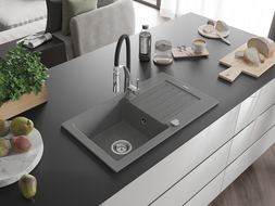 Mexen Pablo zlewozmywak granitowy 1-komorowy z ociekaczem i baterią kuchenną Aster, szary - 6510-71-73450-07