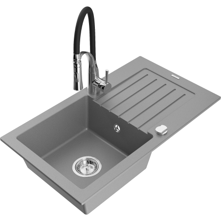 Mexen Pablo zlewozmywak granitowy 1-komorowy z ociekaczem i baterią kuchenną Aster, szary - 6510-71-73450-07