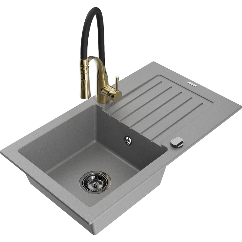 Mexen Pablo zlewozmywak granitowy 1-komorowy z ociekaczem i baterią kuchenną Aster, szary - 6510-71-73450-57-B