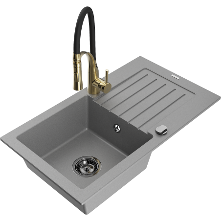 Mexen Pablo zlewozmywak granitowy 1-komorowy z ociekaczem i baterią kuchenną Aster, szary - 6510-71-73450-57-B