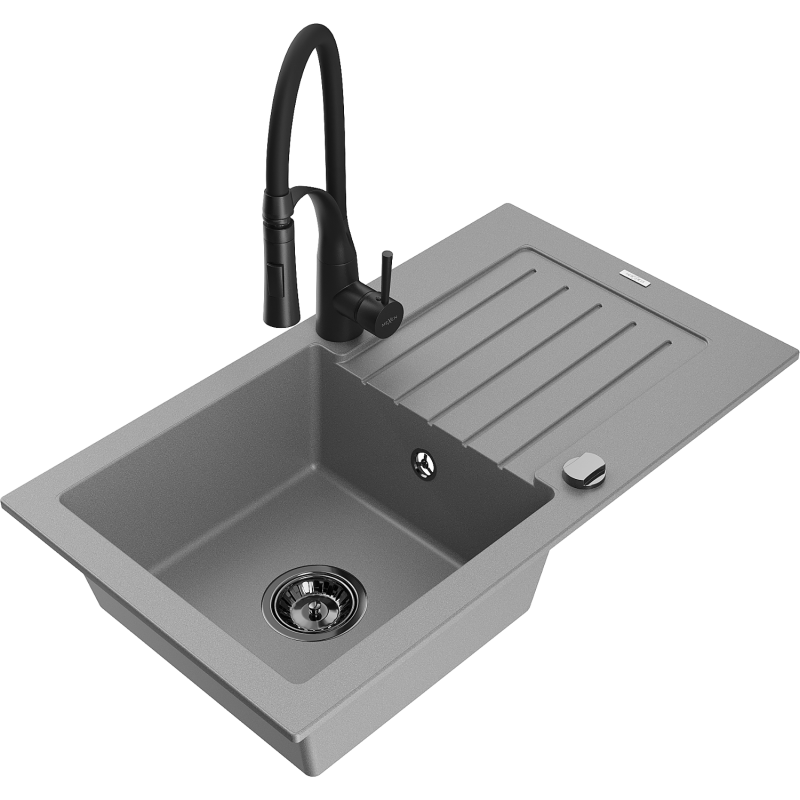 Mexen Pablo zlewozmywak granitowy 1-komorowy z ociekaczem i baterią kuchenną Aster, szary - 6510-71-73450-70-B