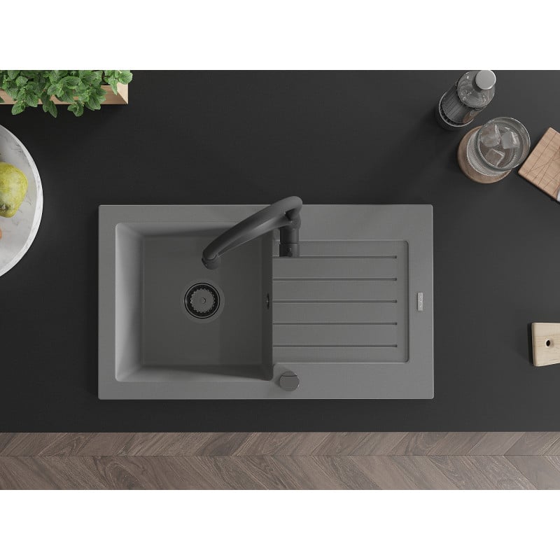Mexen Pablo zlewozmywak granitowy 1-komorowy z ociekaczem i baterią kuchenną Aster, szary - 6510-71-73450-70-B