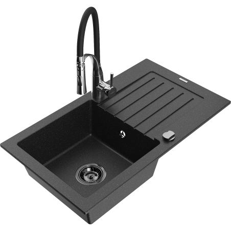 Mexen Pablo zlewozmywak granitowy 1-komorowy z ociekaczem i baterią kuchenną Aster, czarny/srebrny metalik - 6510-73-73450-07-B