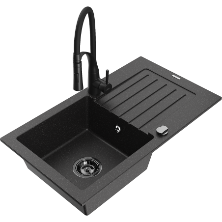 Mexen Pablo zlewozmywak granitowy 1-komorowy z ociekaczem i baterią kuchenną Aster, czarny/srebrny metalik - 6510-73-73450-70-B