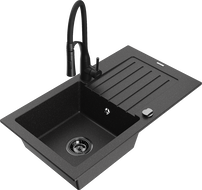 Mexen Pablo zlewozmywak granitowy 1-komorowy z ociekaczem i baterią kuchenną Aster, czarny/srebrny metalik - 6510-73-73450-70-B