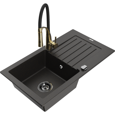 Mexen Pablo zlewozmywak granitowy 1-komorowy z ociekaczem i baterią kuchenną Aster, czarny/złoty metalik - 6510-75-73450-57-B