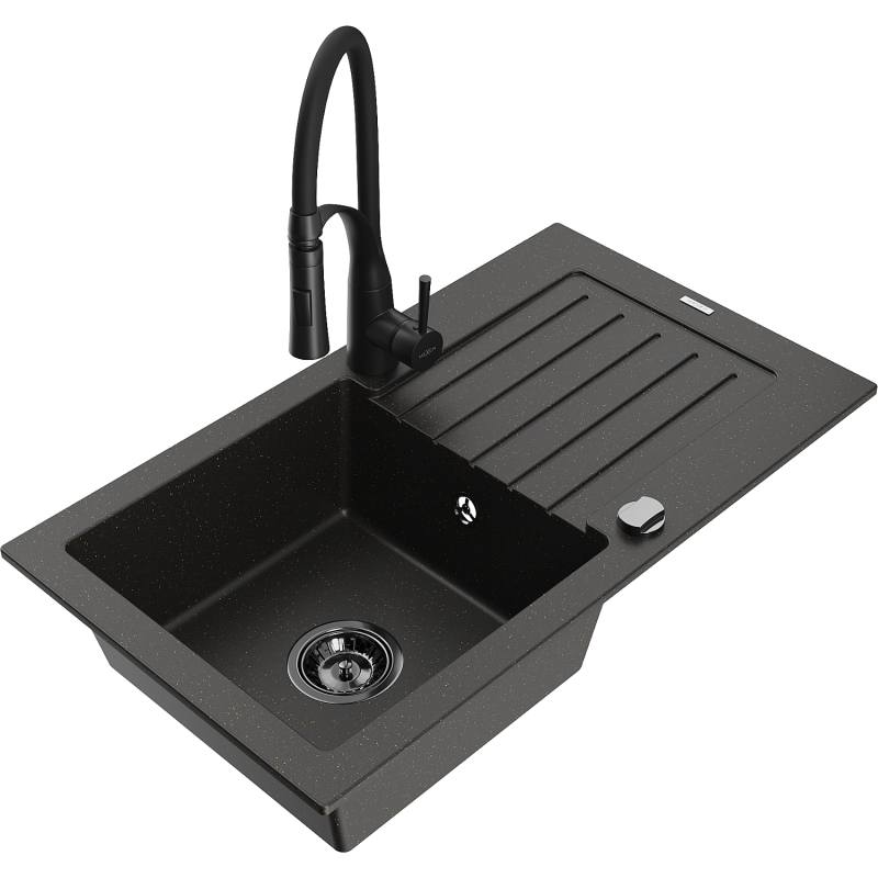 Mexen Pablo zlewozmywak granitowy 1-komorowy z ociekaczem i baterią kuchenną Aster, czarny/złoty metalik - 6510-75-73450-70-B