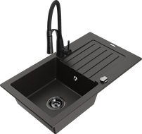 Mexen Pablo zlewozmywak granitowy 1-komorowy z ociekaczem i baterią kuchenną Aster, czarny/złoty metalik - 6510-75-73450-70-B