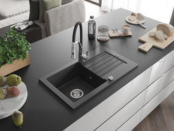 Mexen Pablo zlewozmywak granitowy 1-komorowy z ociekaczem i baterią kuchenną Aster, czarny nakrapiany - 6510-76-73450-07