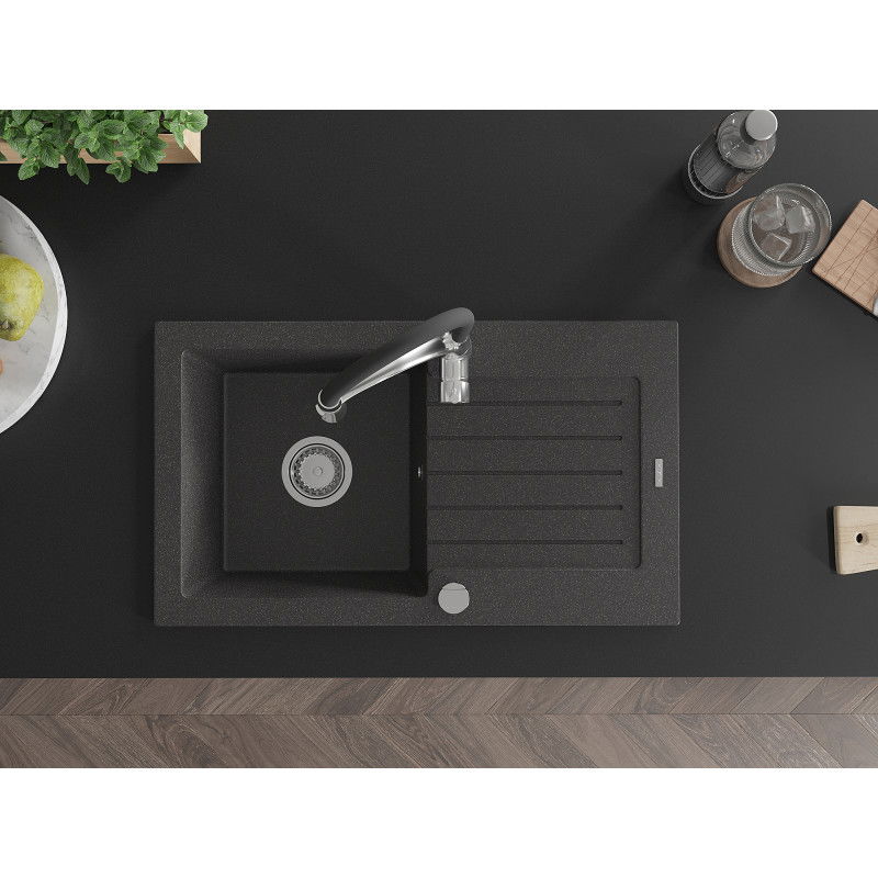 Mexen Pablo zlewozmywak granitowy 1-komorowy z ociekaczem i baterią kuchenną Aster, czarny nakrapiany - 6510-76-73450-07