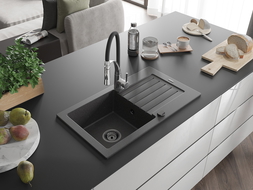 Mexen Pablo zlewozmywak granitowy 1-komorowy z ociekaczem i baterią kuchenną Aster, czarny nakrapiany - 6510-76-73450-07-B