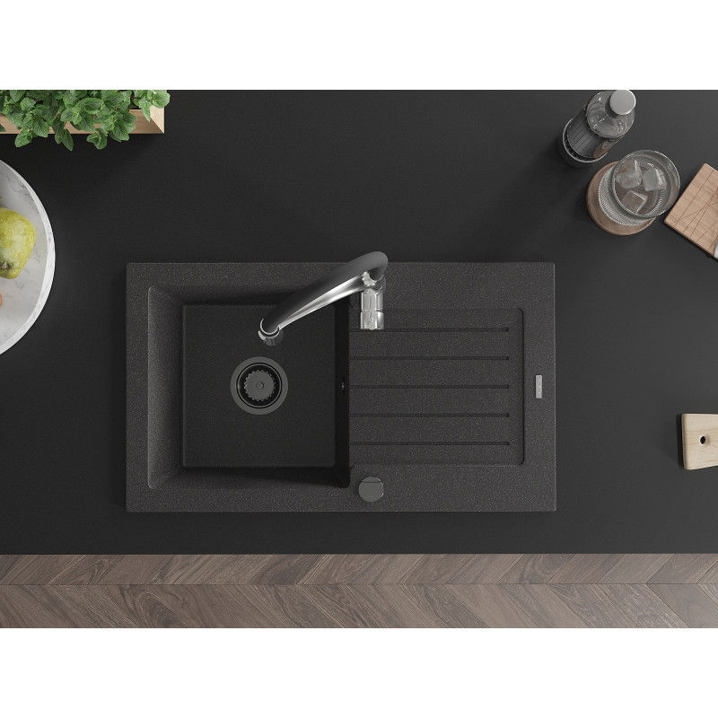 Mexen Pablo zlewozmywak granitowy 1-komorowy z ociekaczem i baterią kuchenną Aster, czarny nakrapiany - 6510-76-73450-07-B