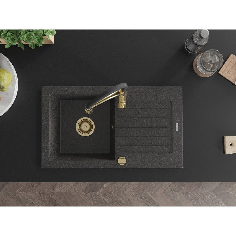 Mexen Pablo zlewozmywak granitowy 1-komorowy z ociekaczem i baterią kuchenną Aster, czarny nakrapiany - 6510-76-73450-57-G