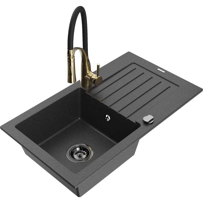 Mexen Pablo zlewozmywak granitowy 1-komorowy z ociekaczem i baterią kuchenną Aster, czarny nakrapiany - 6510-76-73450-57-B