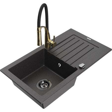 Mexen Pablo zlewozmywak granitowy 1-komorowy z ociekaczem i baterią kuchenną Aster, czarny nakrapiany - 6510-76-73450-57-B