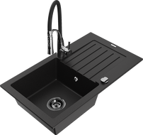 Mexen Pablo zlewozmywak granitowy 1-komorowy z ociekaczem i baterią kuchenną Aster, czarny  - 6510-77-73450-07-B