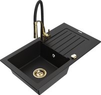 Mexen Pablo zlewozmywak granitowy 1-komorowy z ociekaczem i baterią kuchenną Aster, czarny  - 6510-77-73450-57-G