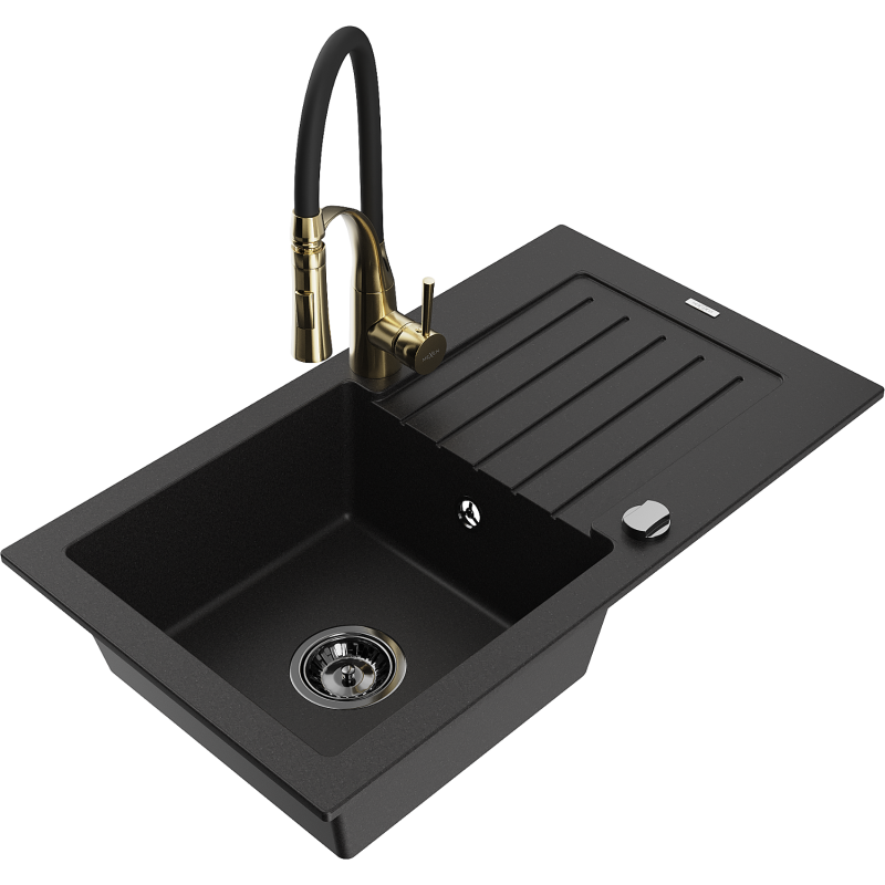 Mexen Pablo zlewozmywak granitowy 1-komorowy z ociekaczem i baterią kuchenną Aster, czarny  - 6510-77-73450-57-B