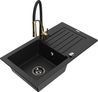 Mexen Pablo zlewozmywak granitowy 1-komorowy z ociekaczem i baterią kuchenną Aster, czarny  - 6510-77-73450-57-B