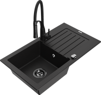 Mexen Pablo zlewozmywak granitowy 1-komorowy z ociekaczem i baterią kuchenną Aster, czarny  - 6510-77-73450-70-B