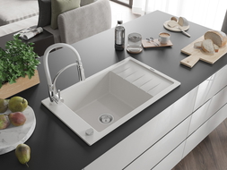 Mexen Elias zlewozmywak granitowy 1-komorowy z ociekaczem i baterią kuchenną Aster, biały - 6511-20-73450-02