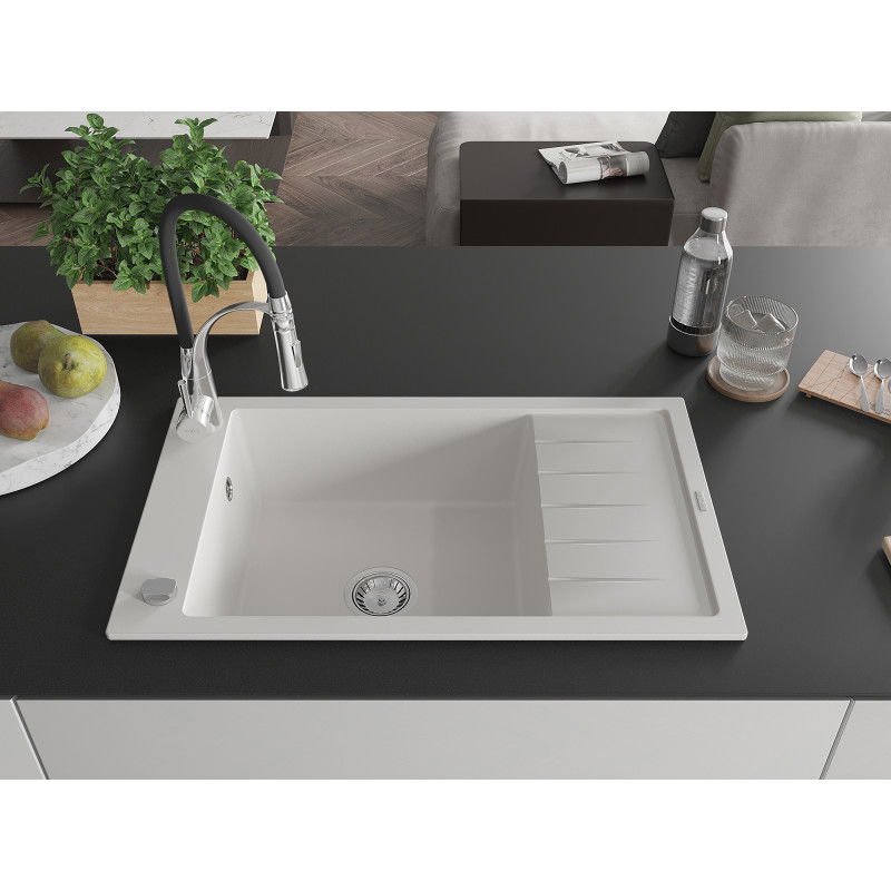 Mexen Elias zlewozmywak granitowy 1-komorowy z ociekaczem i baterią kuchenną Aster, biały - 6511-20-73450-07