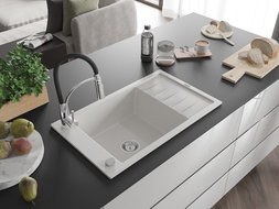 Mexen Elias zlewozmywak granitowy 1-komorowy z ociekaczem i baterią kuchenną Aster, biały - 6511-20-73450-07