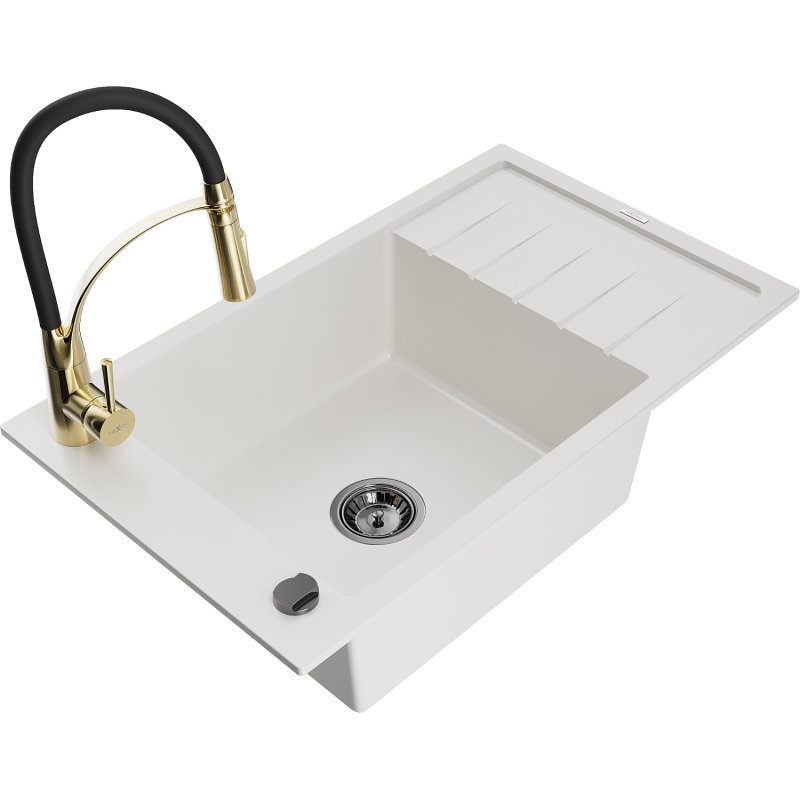 Mexen Elias zlewozmywak granitowy 1-komorowy z ociekaczem i baterią kuchenną Aster, biały - 6511-20-73450-57-B