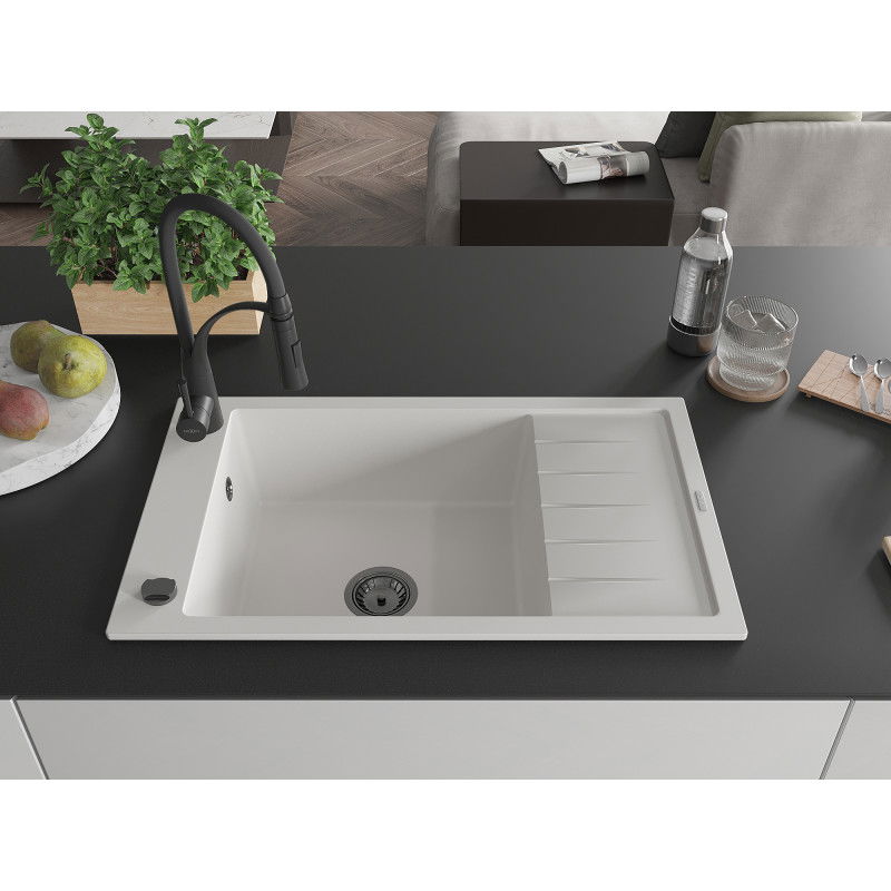 Mexen Elias zlewozmywak granitowy 1-komorowy z ociekaczem i baterią kuchenną Aster, biały - 6511-20-73450-70-B