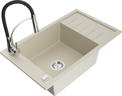 Mexen Elias zlewozmywak granitowy 1-komorowy z ociekaczem i baterią kuchenną Aster, beżowy - 6511-69-73450-07