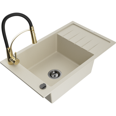 Mexen Elias zlewozmywak granitowy 1-komorowy z ociekaczem i baterią kuchenną Aster, beżowy - 6511-69-73450-57-B