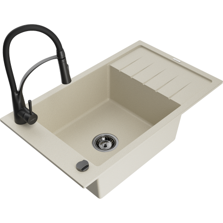 Mexen Elias zlewozmywak granitowy 1-komorowy z ociekaczem i baterią kuchenną Aster, beżowy - 6511-69-73450-70-B