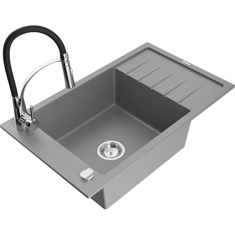 Mexen Elias zlewozmywak granitowy 1-komorowy z ociekaczem i baterią kuchenną Aster, szary - 6511-71-73450-07