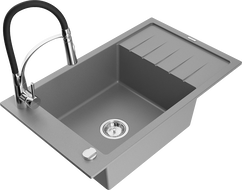 Mexen Elias zlewozmywak granitowy 1-komorowy z ociekaczem i baterią kuchenną Aster, szary - 6511-71-73450-07