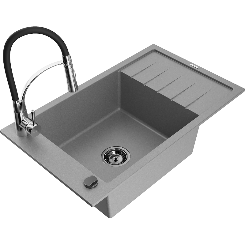 Mexen Elias zlewozmywak granitowy 1-komorowy z ociekaczem i baterią kuchenną Aster, szary - 6511-71-73450-07-B