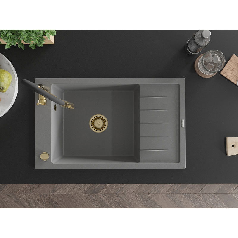 Mexen Elias zlewozmywak granitowy 1-komorowy z ociekaczem i baterią kuchenną Aster, szary - 6511-71-73450-57-G