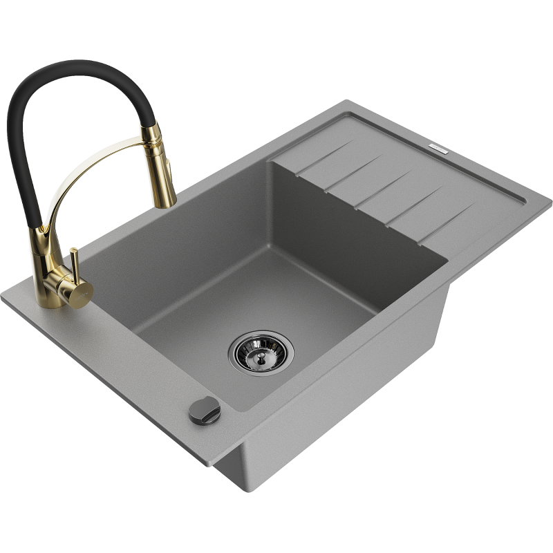 Mexen Elias zlewozmywak granitowy 1-komorowy z ociekaczem i baterią kuchenną Aster, szary - 6511-71-73450-57-B