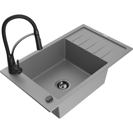 Mexen Elias zlewozmywak granitowy 1-komorowy z ociekaczem i baterią kuchenną Aster, szary - 6511-71-73450-70-B