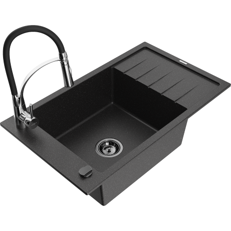 Mexen Elias zlewozmywak granitowy 1-komorowy z ociekaczem i baterią kuchenną Aster, czarny/srebrny metalik - 6511-73-73450-07-B