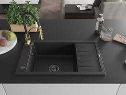 Mexen Elias zlewozmywak granitowy 1-komorowy z ociekaczem i baterią kuchenną Aster, czarny/srebrny metalik - 6511-73-73450-57-B
