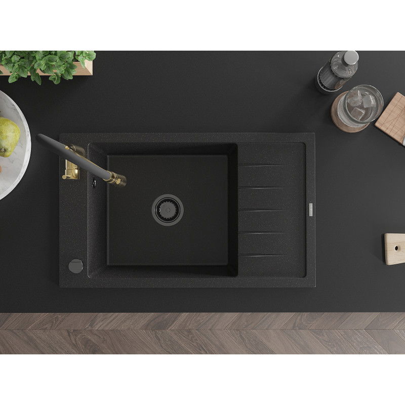 Mexen Elias zlewozmywak granitowy 1-komorowy z ociekaczem i baterią kuchenną Aster, czarny/srebrny metalik - 6511-73-73450-57-B