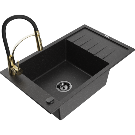 Mexen Elias zlewozmywak granitowy 1-komorowy z ociekaczem i baterią kuchenną Aster, czarny/srebrny metalik - 6511-73-73450-57-B