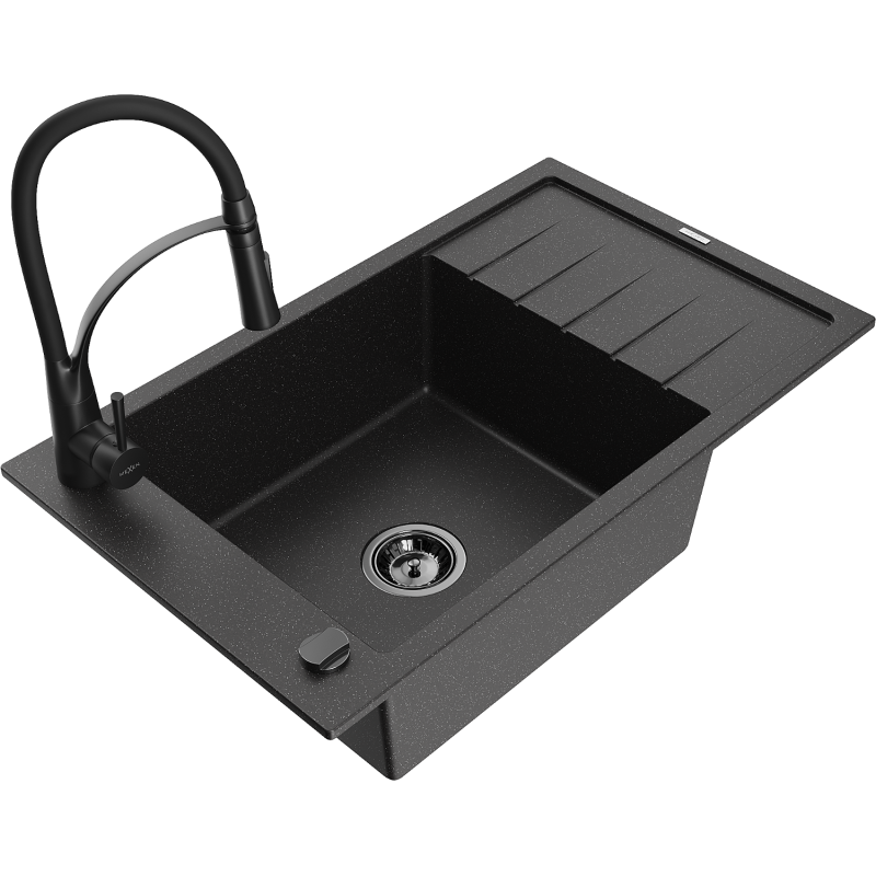 Mexen Elias zlewozmywak granitowy 1-komorowy z ociekaczem i baterią kuchenną Aster, czarny/srebrny metalik - 6511-73-73450-70-B